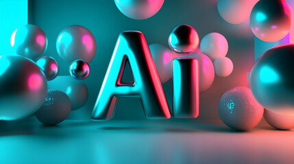 3D text "AI" in digital artwork background with vibrant colors and intricate details 3D rendering, close-up, macro photography.