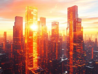 Fototapeta premium Futuristic Cityscape at Sunset: A Digital Metropolis Glowing in Warm Hues