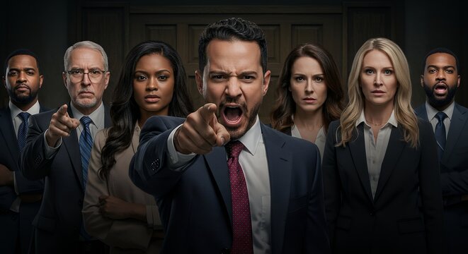 Legal team pointing and shouting