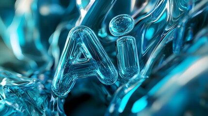 3D text "AI" in digital artwork background with vibrant colors and intricate details 3D rendering, close-up, macro photography.