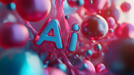 3D text "AI" in digital artwork background with vibrant colors and intricate details 3D rendering, close-up, macro photography.