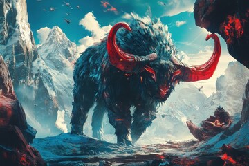 Majestic mythical beast stands resolute amidst a breathtaking mountain landscape under a brilliant sky filled with dramatic clouds, showcasing vibrant colors and enchanting details