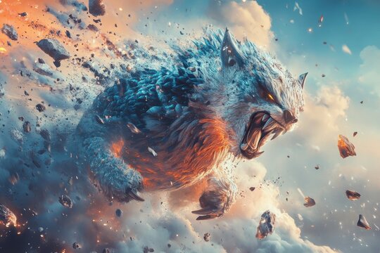 Majestic wolf-like creature bursts through colorful clouds, showcasing raw power and elemental energy in an epic, fantastical landscape at dusk - Powered by Adobe