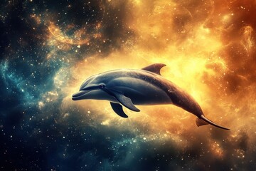 Fototapeta premium Dolphin gracefully swimming through a vibrant cosmic landscape filled with swirling galaxies and radiant colors