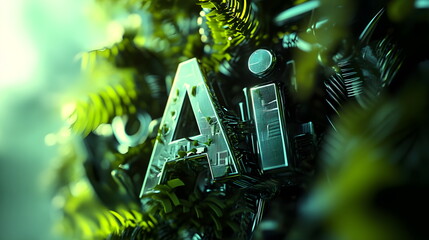3D text "AI" in digital artwork background with vibrant colors and intricate details 3D rendering, close-up, macro photography.