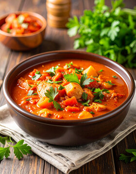 A bowl of Mauritian rougaille tomato stew simmering in a clay pot with aromatic spices.