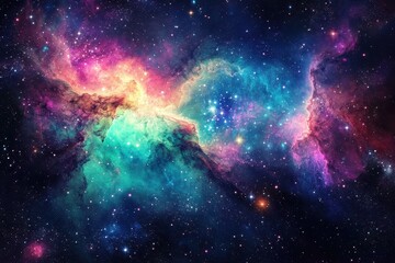 Naklejka premium Vibrant cosmic canvas displays dynamic hues of green, blue, and pink illuminating the vastness of space during a stellar event in the universe