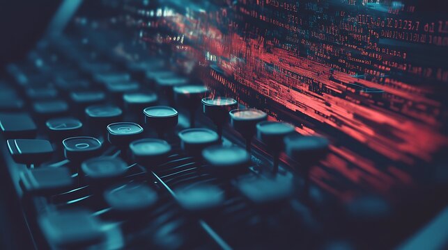 Close-up view of old typewriter keys overlayed with digital code.