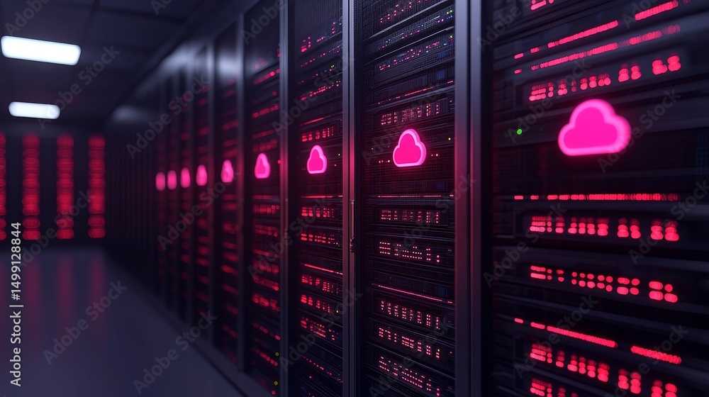 Poster futuristic data center with glowing pink cloud icons on servers. cloud computing services concept.