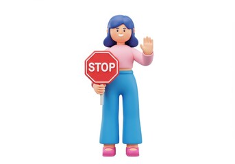 Fototapeta premium 3D Illustration of Cartoon woman holding a stop sign isolated on white background