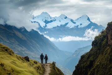 Obraz premium Couple trekking hand in hand along a picturesque mountain trail with stunning snow-capped peaks in the background during a cloudy day