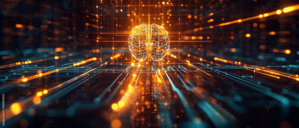 Poster digital brain with circuits and glowing lights in a tech-inspired design.