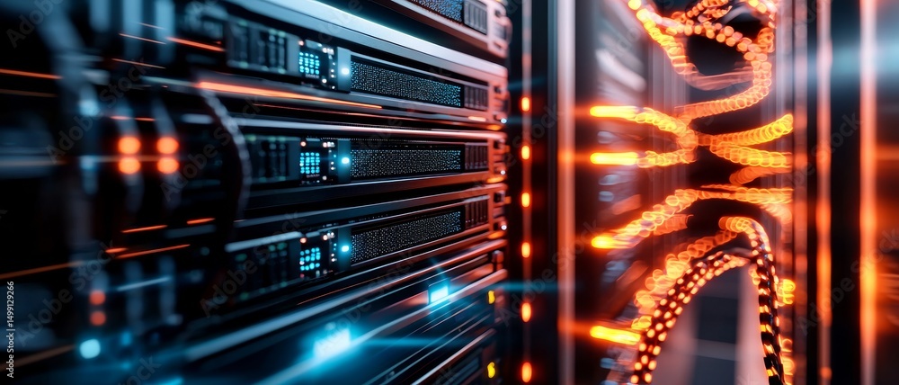 Poster data center with illuminated server racks and glowing cables.