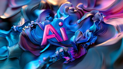 3D text "AI" in digital artwork background with vibrant colors and intricate details 3D rendering, close-up, macro photography.
