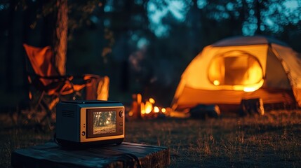 A creative image of luxury camping amenities like a portable projector for outdoor movies.