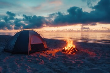 Cozy campfire glowing at sunset near a tent on a serene sandy beach with calm ocean waves in the background
