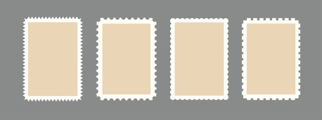 Postal stamp frame set, hand drawn emblem letter post label, empty mail monograms cadres kit. Minimalist edging postage design elements. Isolated. Vector illustration.
