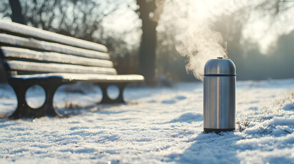 Steaming thermos on snow-covered ground on a cold winter day in the park
