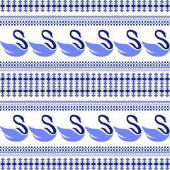 Pixel-style seamless pattern featuring swan motifs and geometric borders in blue tones. Ideal for digital textiles, knitting designs, and retro aesthetics.

