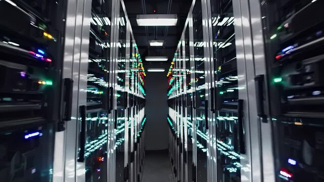 Data storage servers glow in clean datacenter. Data systems maintain backup flow. Network backup system protected by data redundancy. Backup configuration runs in modern data center network.