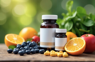 Fruits, berries and jars with biologically active additives are located on a wooden surface