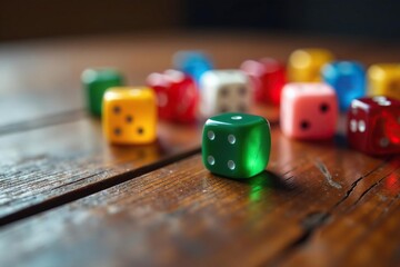 Close-up of several colorful dice scattered on a wooden table , hazard, strategy, dice