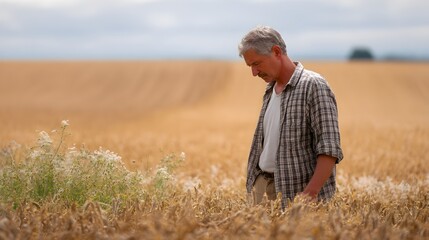 Farmer stands in withered crop field reflecting on the effects of drought on agriculture in late summer