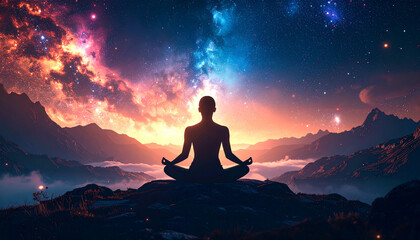 Meditation Under the Cosmos: A tranquil silhouette of a person practices yoga, meditating under a vibrant night sky, bathed in the ethereal glow of the cosmos. A serene scene of peace, mindfulness.