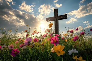 Cross surrounded by colorful flowers under a bright sun with a beautiful sky and soft clouds during sunset in a serene landscape