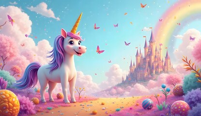 A unicorn stands in front of a castle with a rainbow in the background. Childish wallpaper for children.