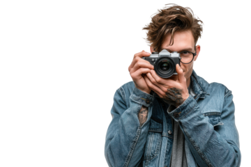 Confident Photographer Holding DSLR – Transparent Background