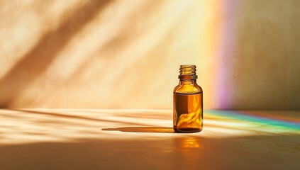 Amber bottle with sunlight, and rainbow.