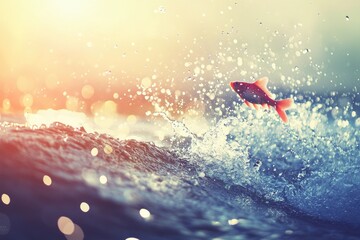 A vibrant orange fish leaps, splashing through ocean waves, sunlight beams through, creating a dynamic natural scene