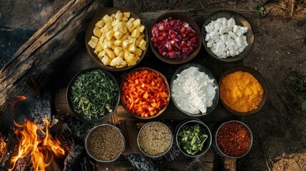 A vibrant display of colorful ingredients and spices arranged neatly for campfire cooking.