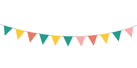 Fototapeta premium Colorful bunting flags on string for birthday party decoration, holiday anniversary fabric garland design, modern festive hanging decor. Isolated. Vector illustration.