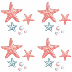 Colorful sea stars and bubbles create a vibrant underwater design with charm and elegance for summer decor. Seamless pattern, Generative AI