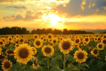 sunflower field in the morning with sunrise