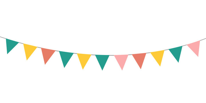 Colorful bunting flags on string for birthday party decoration, holiday anniversary fabric garland design, modern festive hanging decor. Isolated. Vector illustration.