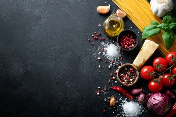 Various culinary ingredients arranged on a dark surface.