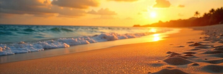 Golden hour sun rays illuminate a sandy beach, warming the sand and creating a tranquil summer scene  Perfect for travel, vacation, and summer themes , sand, texture