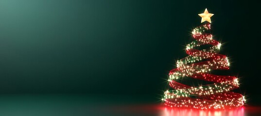 Swirling Christmas Tree with Red and Green Lights on Dark Green Background, Copy Space