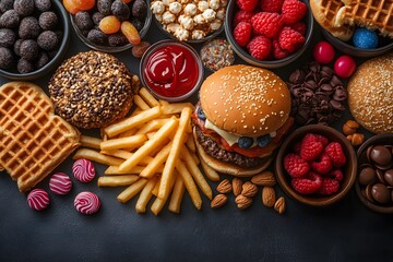 Fototapeta premium Indulgent feast: Burger, fries, waffles, berries, and candies on