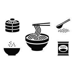 Craving Asian flavors an inviting monochrome of a noodle bowl dumplings shoyu and seasonings in