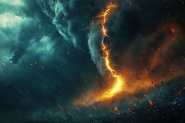 Nature Storm. Dramatic and Powerful Tornado with Thunderstorm Flash over City Skyline