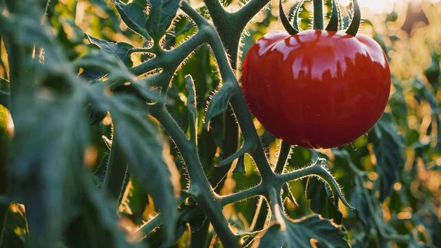 Red tomato fruit grows on green plant. Tomato ripens in sunlight between wide leaves. Fruit rests on thick tomato stem. Plant supports natural fruit development. Healthy tomato harvest begins.