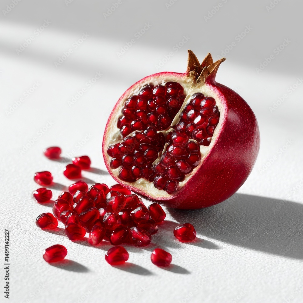 Poster a half of a pomegranate with seeds scattered on a white background with soft shadow effects