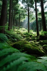 A forest with moss and trees. The moss is green and the trees are tall. The forest is very lush and full of life