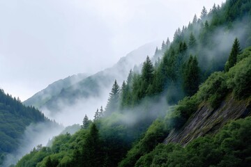 Obraz premium A misty mountain covered in trees. The foggy atmosphere gives the scene a serene and peaceful mood. The trees are lush and green, creating a sense of tranquility and harmony with nature