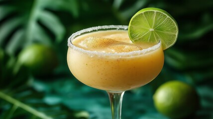 Fototapeta premium Mango margarita with salt rim garnished with lime on a vibrant tropical background.