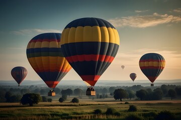 Obraz premium vibrant hot air balloon floats gracefully over picturesque landscape at sunset, surrounded by rolling hills and colorful autumn trees, evoking sense of adventure and tranquility.generative.ai